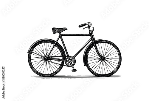 Classic engraving of an old-fashioned bicycle in detailed etching style — stock vector.