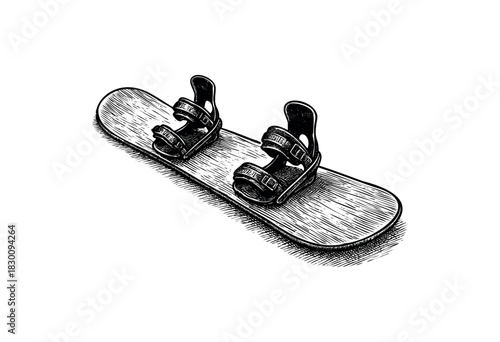 Detailed vintage engraving of a snowboard with bindings in classic etching style — stock vector.