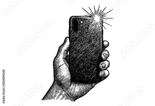 Vintage engraved illustration of a hand holding smartphone with camera flash — stock vector.