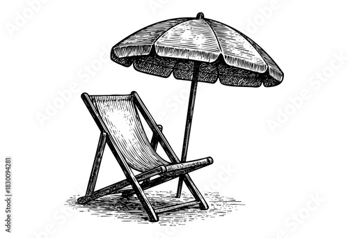 Engraved vintage-style illustration of a beach chair and umbrella on sand — stock vector.