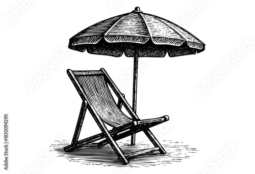Engraved vintage-style illustration of a beach chair and umbrella on sand — stock vector.