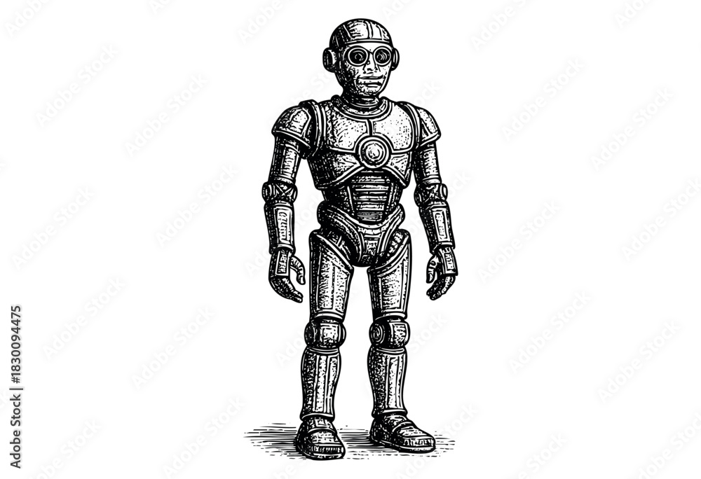 Obraz premium Vintage engraved illustration of a humanoid robot in detailed style — stock vector.