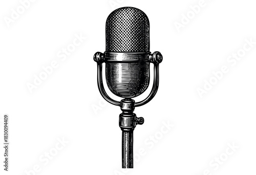 Vintage engraved illustration of a retro microphone on stand — stock vector.