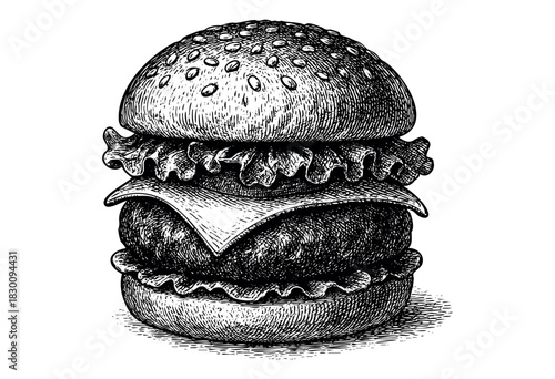 Vintage engraved illustration of a hamburger with layers of ingredients — stock vector.