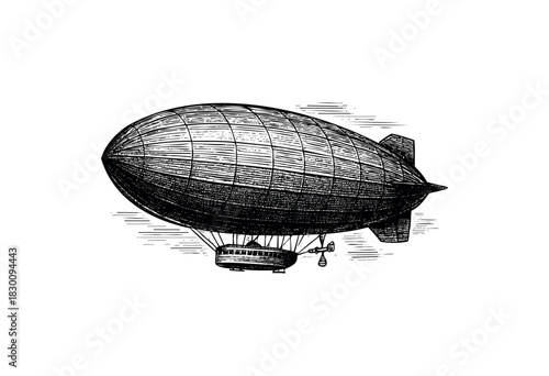 Vintage engraved illustration of an airship or zeppelin in detailed etching style — stock vector.