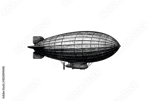 Vintage engraved illustration of an airship or zeppelin in detailed etching style — stock vector.