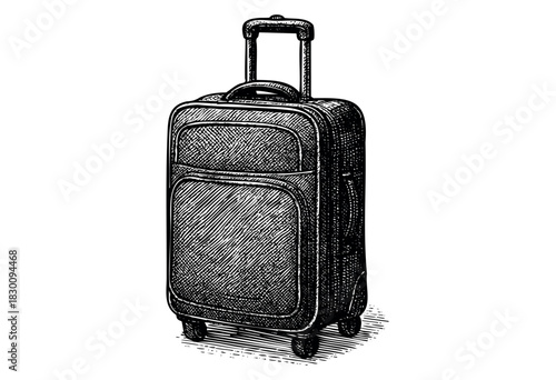 Vintage engraved illustration of a travel suitcase on wheels — stock vector.