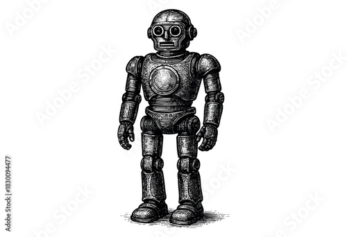 Vintage engraved illustration of a humanoid robot in detailed style — stock vector.