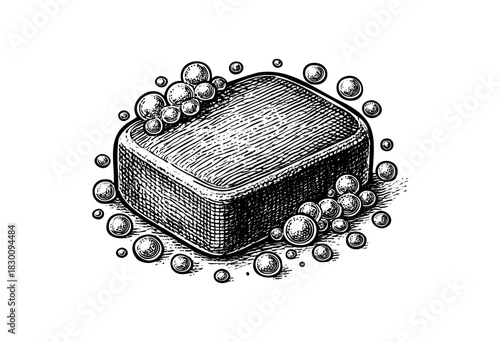 Vintage engraved illustration of a soap bar with bubbles — stock vector.