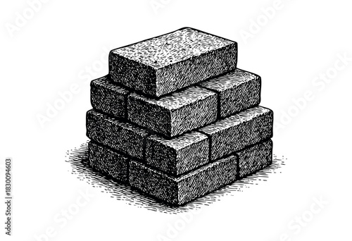Vintage engraved illustration of a stacked pile of construction bricks — stock vector.