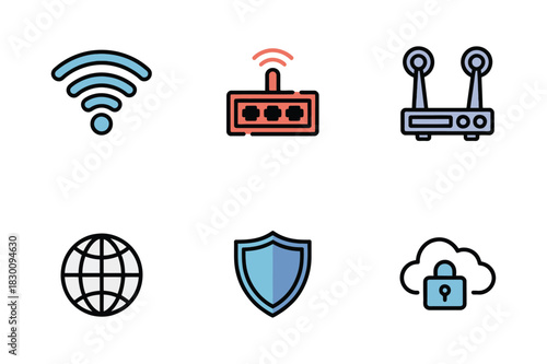 Collection of network and security icons including wi fi routers globe shield and cloud