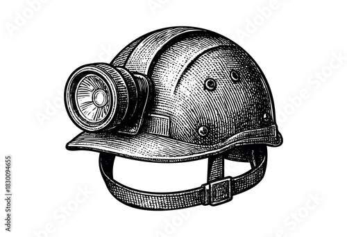 Vintage engraved illustration of a miner’s helmet with a headlamp — stock vector.