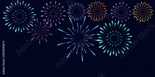 Festive multicolored fireworks PNG. Exploding various fireworks on a transparent background. Festive background.