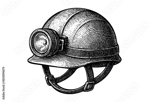 Vintage engraved illustration of a miner’s helmet with a headlamp — stock vector.