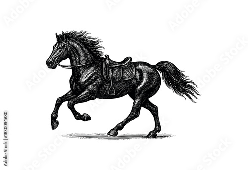 Vintage engraved illustration of a galloping horse with saddle — stock vector.