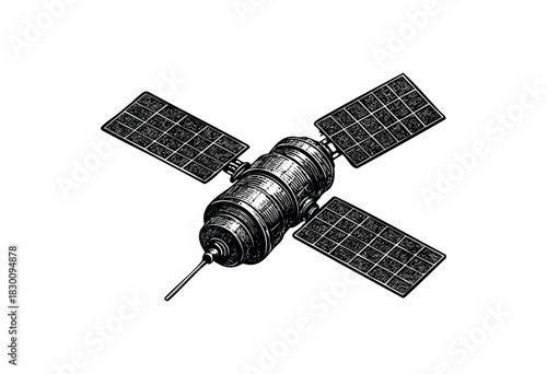 Vintage engraved illustration of an orbiting satellite — stock vector.
