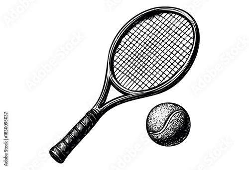 Vintage engraved illustration of a tennis racket and ball — stock vector.