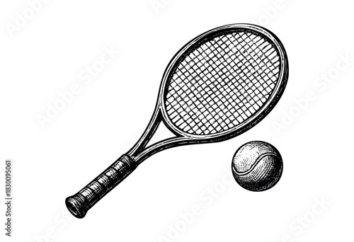 Vintage engraved illustration of a tennis racket and ball — stock vector.