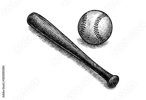 Vintage engraved illustration of a baseball bat and ball — stock vector.