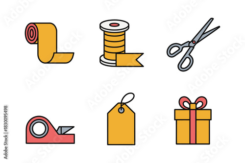 Gift wrapping supplies icons featuring tape scissors ribbon and gift box