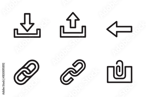 Set of six simple outline icons for download upload left arrow link and attachment