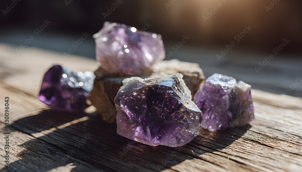 Fototapeta premium Purple amethyst crystals resting on a wooden surface, illuminated by sunlight.