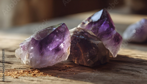 Wallpaper Mural Purple amethyst crystals resting on a wooden surface, illuminated by sunlight. Torontodigital.ca