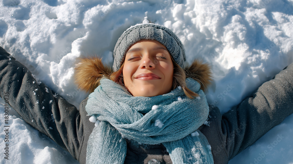 Fototapeta premium Snow angel moment in fresh powder, knit hat and scarf, joyful carefree pose, playful winter day, with copy space