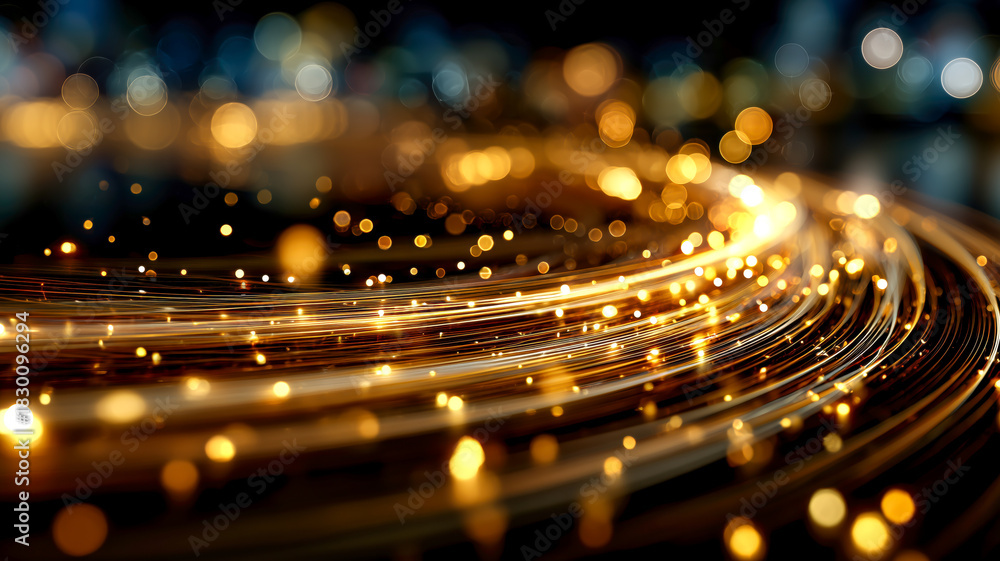 Obraz premium Golden trails curve through the darkness, a blur of motion and light evoking futuristic transport or abstract data streams.