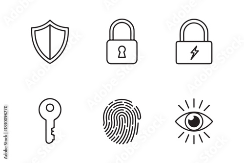 Security and privacy icons shield lock key fingerprint and eye