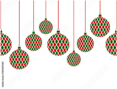 seamless border with hanging christmas balls isolated on white background