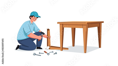 Man skillfully repairing a wooden table leg with a hammer and various tools, embodying the spirit of home improvement and furniture assembly tasks