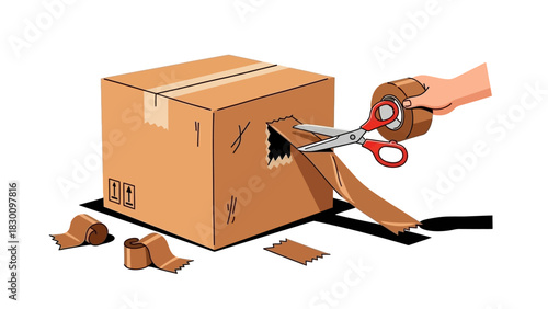 Sealing a Box with Tape and Scissors Illustration