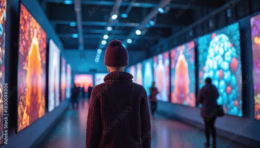 Naklejka premium Person views digital art exhibition hall, screens display colorful creations. People walk through gallery, explore virtual displays of crafts and maker profiles. Modern tech showcases creative works.