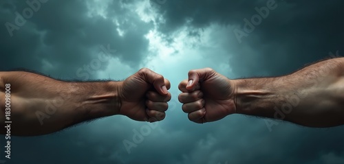 Two strong male fists clench together. Poised against dramatic stormy sky, intense conflict. Image conveys power, tension, impending confrontation between opposing forces, representing challenge