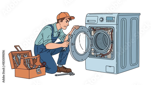 Man Repairing a Washing Machine with Toolbox and Wrench in a Detailed Illustration