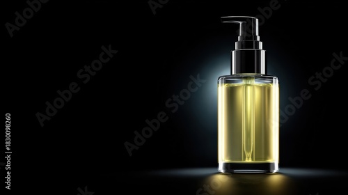 Wallpaper Mural Luxurious transparent dispenser bottle with yellow serum on black background Torontodigital.ca