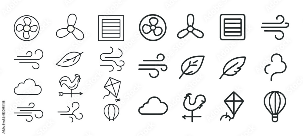 Naklejka premium Wind and air icons collection: fans, clouds, kites, leaves, balloons
