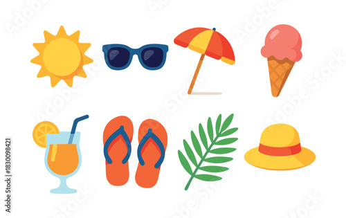 Summer essentials vector illustration, beach items, flat vector style