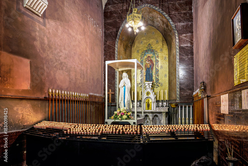 Interior of the Basilica in the Sanctuary of Lourdes, France. Mayor pilgrimage spot for Catholics