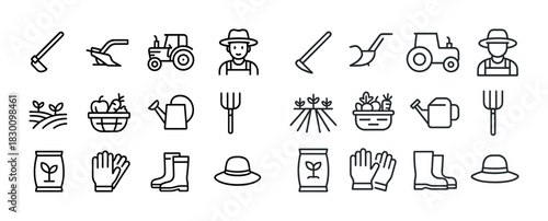 Agriculture icons set: farming tools, equipment, and farmer outline illustrations