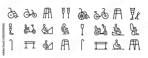 Adaptive mobility aids icons set: wheelchair, crutches, walker, bicycle, scooter