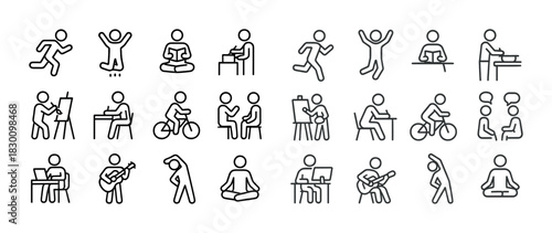 Stick figures in various activities: reading, art, cycling, music, yoga