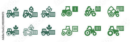 Set of green transportation and agriculture icons with trucks and tractors