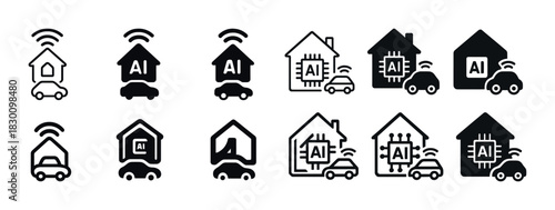 Smart home and autonomous car icons featuring ai and connectivity symbols
