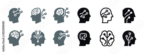 Vector collection of ai and neural network brain icons in human silhouettes