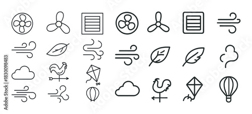 Wind and air icons collection: fans, clouds, kites, leaves, balloons