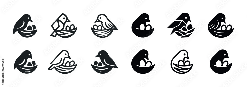 Fototapeta premium Variety of bird nest icons featuring birds with eggs in different stylized designs