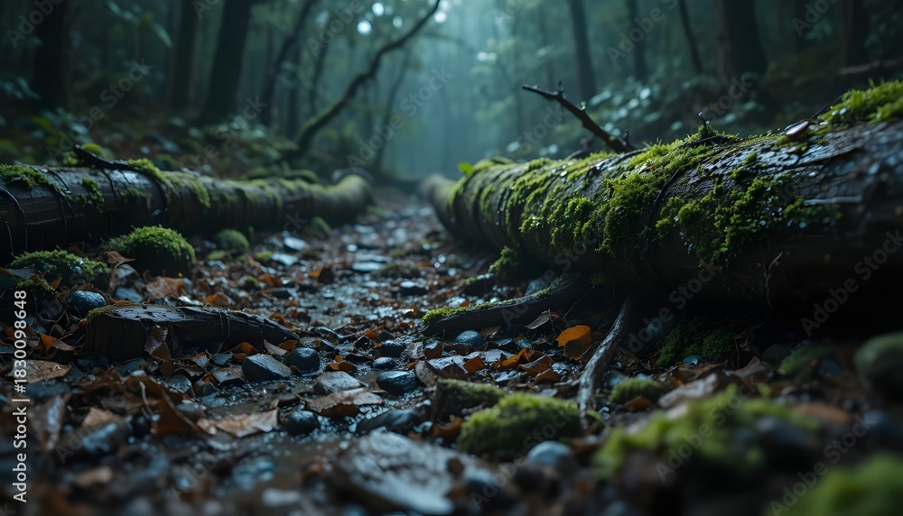 Obraz premium Mossy Fallen Logs in a Misty Forest Path