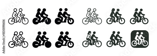 Set of cycling icon variations featuring couples riding bicycles and scooters